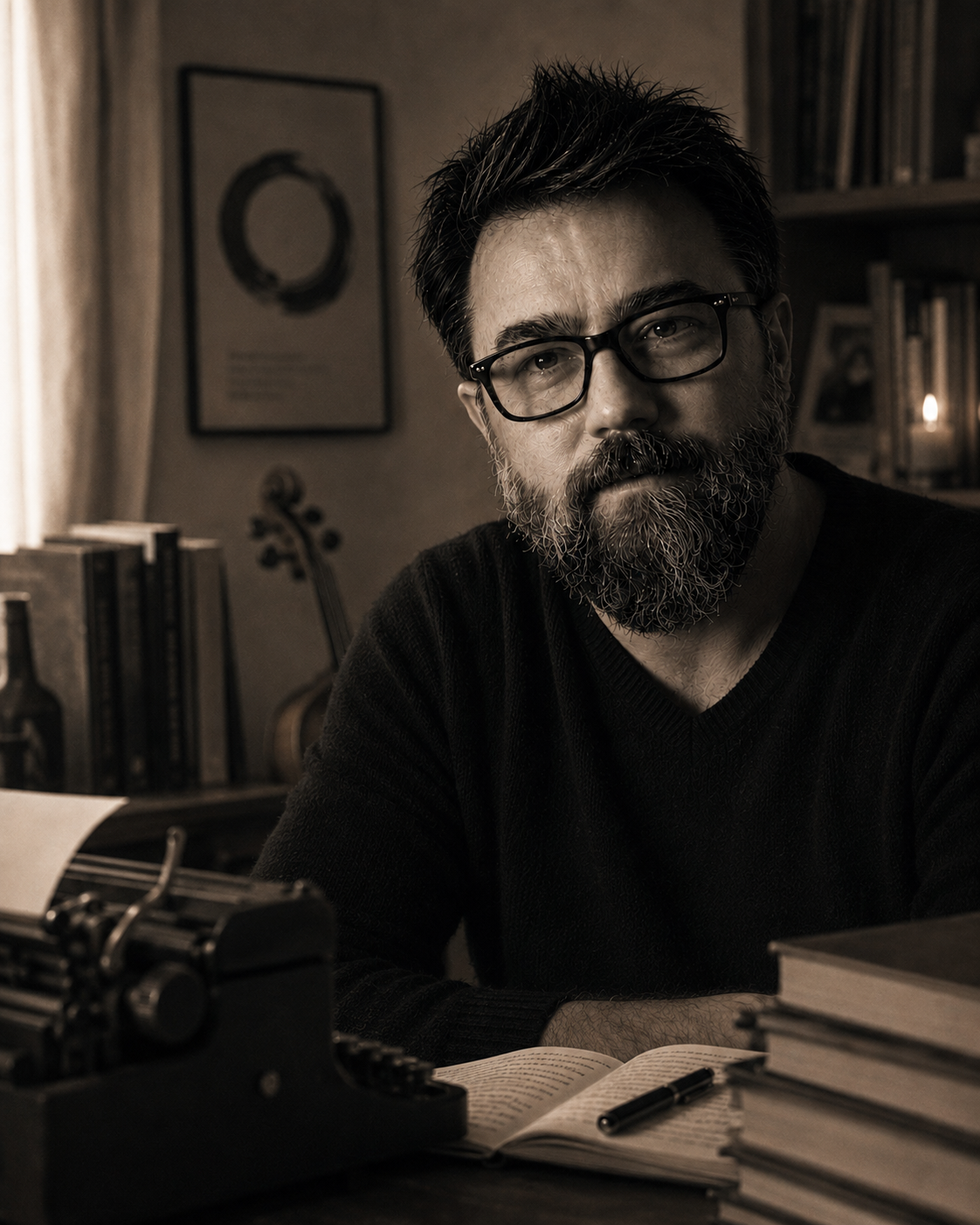 Pablo Motl en su estudio, junto a una máquina de escribir y libros